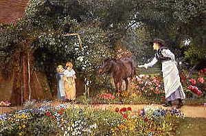 Photo of "FEEDING A PONY IN A SURREY GARDEN" by EDWARD KILLINGWORTH JOHNSON