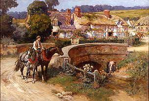 Photo of "SUNLIT COTTAGES BY THE BRIDGE" by FREDERICK ARTHUR BRIDGMAN