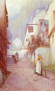 Photo of "FIGURES IN COBBLED STREET BY AN INN, CLOVELLY, DEVON, ENGLAND" by JOHN WHITE