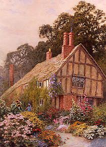 Photo of "SUMMERTIME,WOMAN STANDING OUTSIDE A COTTAGE DOOR" by ARTHUR CLAUDE (NB IN CO STRACHAN