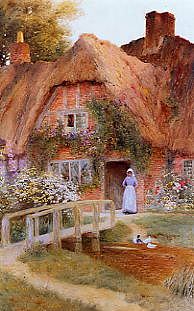 Photo of "A STREAM BY A COTTAGE DOOR,OCKLEY, SURREY" by ARTHUR CLAUDE STRACHAN