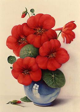 Photo of "NASTURTIUMS IN A BLUE LUSTRE VASE" by EDWARD JULIUS (COPYRIGHT DETMOLD