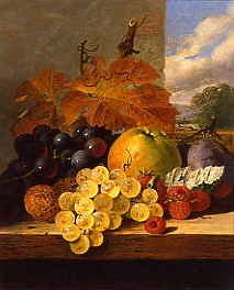 Photo of "STILL LIFE OF GRAPES, RASPBERRIES, PLUMS & WALNUTS" by EDWARD LADELL
