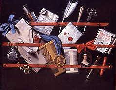 Photo of "TROMPE L'OEIL OF LETTER RACK WITH MEDALLION OF CHARLES 11" by EDWARD (ACTIVE 1662-1703 COLLIER