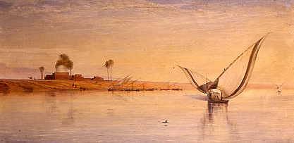 Photo of "NILE BOATS NEAR DEIR EL KADIGE NOON'" by EDWARD LEAR