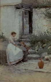 Photo of "A MOTHER AND CHILD PALYING OUTSIDE A COTTAGE, '90" by WALTER LANGLEY